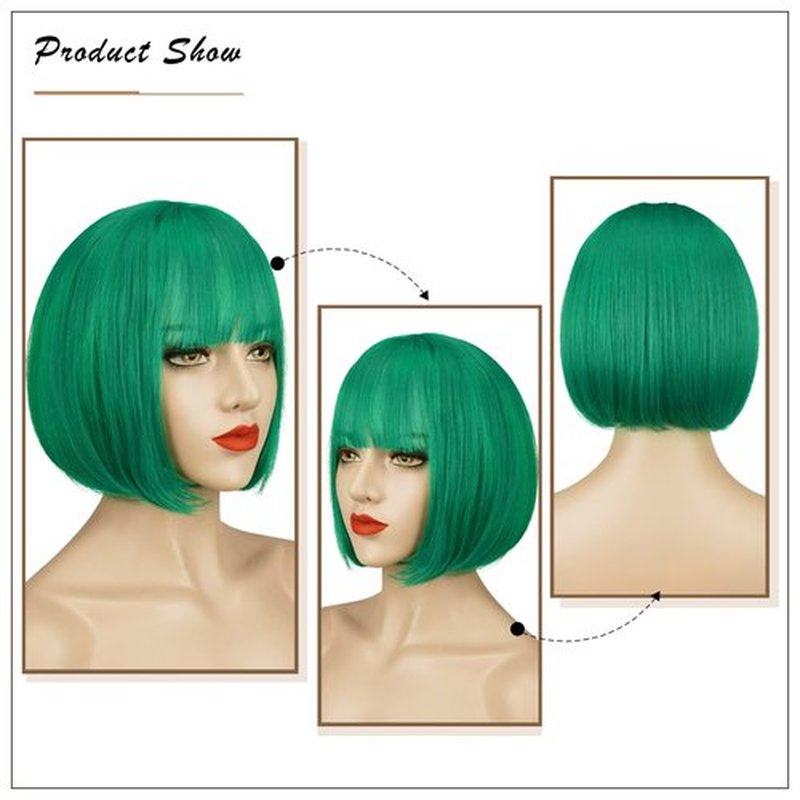 SOFEIYAN Short Straight Bob Wigs with Bangs 11 inch Synthetic Daily Party Cosplay Hair Wig for Black Women, Green