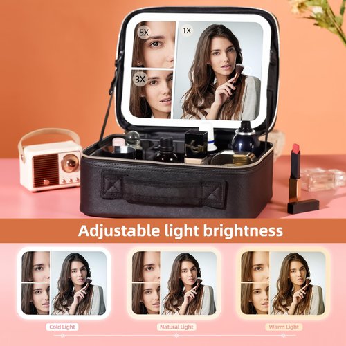 VANMRIOR Travel Makeup Bag with LED Lighted Make up Case with 3X 5X Magnification Mirror Cosmetic Makeup Box Organizer Vanity Case for Women Beauty Tools Accessories Case Rechargeable