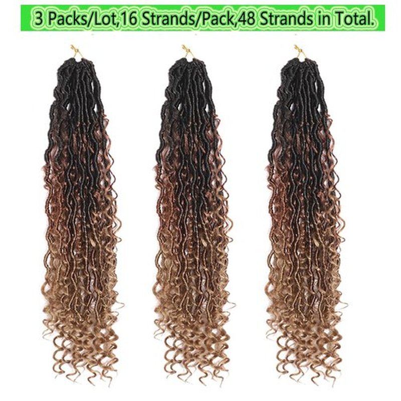 BALINGHAIR Goddess Locs Crochet Hair Ombre Black to Brown to Light Brown 22 Inch 3 Packs Bohemian Faux Locs Crochet Hair With Curly Ends Pre Looped Hair Extensions 16 Roots/Pack(1B/30/27)