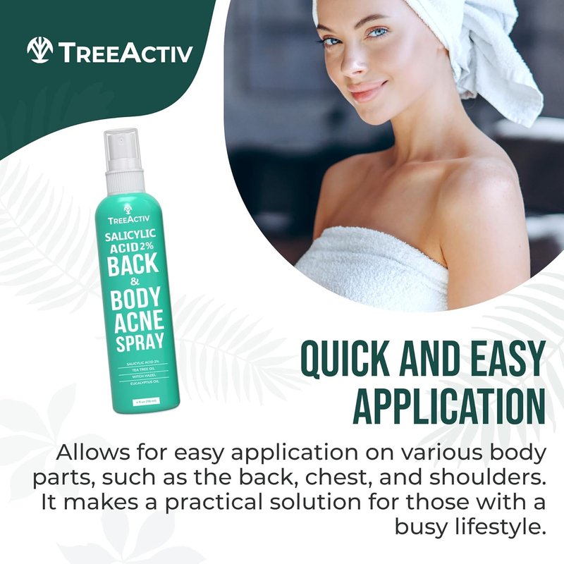 Back Acne Spray, 2% Salicylic Acid (BHA) Body Acne Spray, Fast-Drying Tea Tree Oil + Aloe Mist for Back, Chest, Shoulders & Butt, 4 fl oz