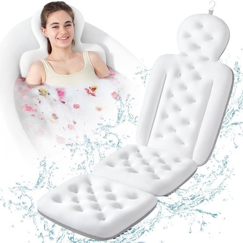 Luxury Bath Cushion, Full Body Bathtub Pillow with 160 Suction Cups, Bath Mat for Head and Neck Support, with Laundry Bag (White, 51.2" x 16.2")