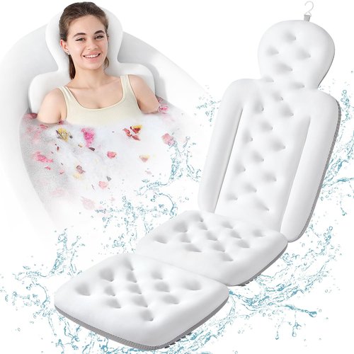 Luxury Bath Cushion, Full Body Bathtub Pillow with 160 Suction Cups, Bath Mat for Head and Neck Support, with Laundry Bag (White, 51.2" x 16.2")