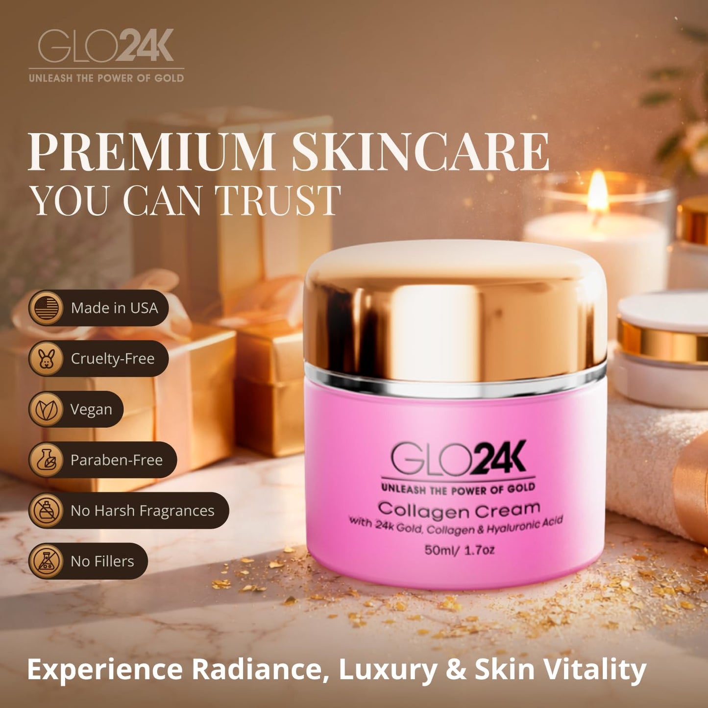 GLO24K Cream with 24k Gold, Retinol, Vitamins, and Hyaluronic Acid. Optimally Hydrate your Skin while you sleep. (Cherry Collagen Cream) (2 Pack)