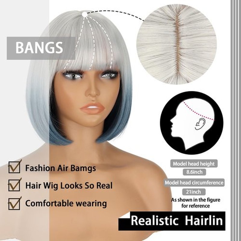 WERD Short Blue Bob Wig for Women Blue Wig with Bangs Synthetic Hair Light Blue Bob Wig for Daily Party Cosplay（Grey to Blue）