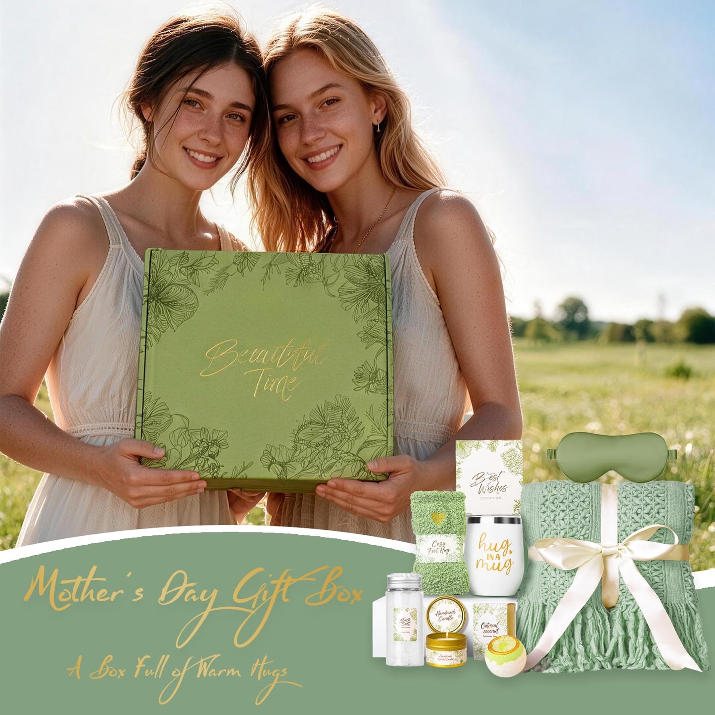 Gift Basket for Women, Self Care Set with Knitted Throw - Care Pkg - Green
