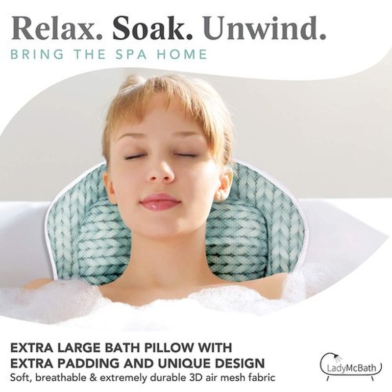 Lady McBath Bath Pillow - Luxury Bath Pillows for Tub Neck and Back Support - Powerful Suction Cups, Machine Washable Bathtub Accessory for Relaxation (Turquoise)