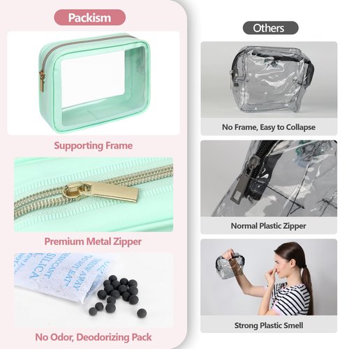 PACKISM TSA Approved Toiletry Bag - Upgrade Color-Edged Clear Makeup Bag, Unique Appearance, 2 Pack Hold Lots of Items, Reusable Clear Toiletry Bags for Travel Essentials, Green (2 Sizes)