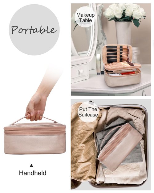 Relavel Travel Makeup Bag Multifunctional Make Up Bags with Zipper Pouch Large Compact Makeup Bag Organizer for Women Girls Cosmetics Toiletry Brushes Storage (Rose Gold)