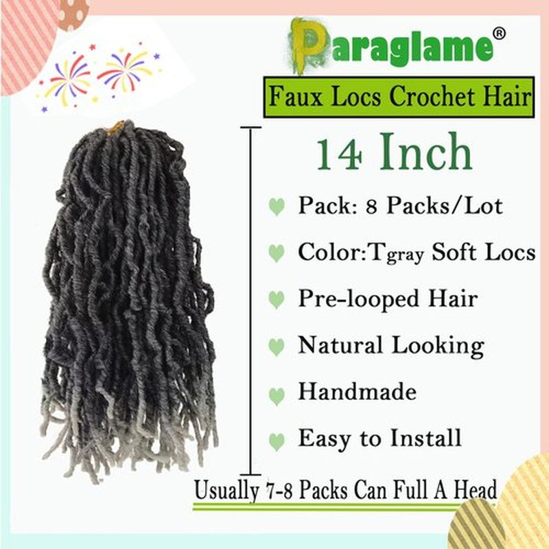 Paraglame 14 Inch Grey Soft Locs Crochet Hair, 8 Packs Faux Locs Crochet Braids, Pre Looped Goddess Soft Locs Crochet Hair for Butterfly Locs (8Packs, Tgrey)