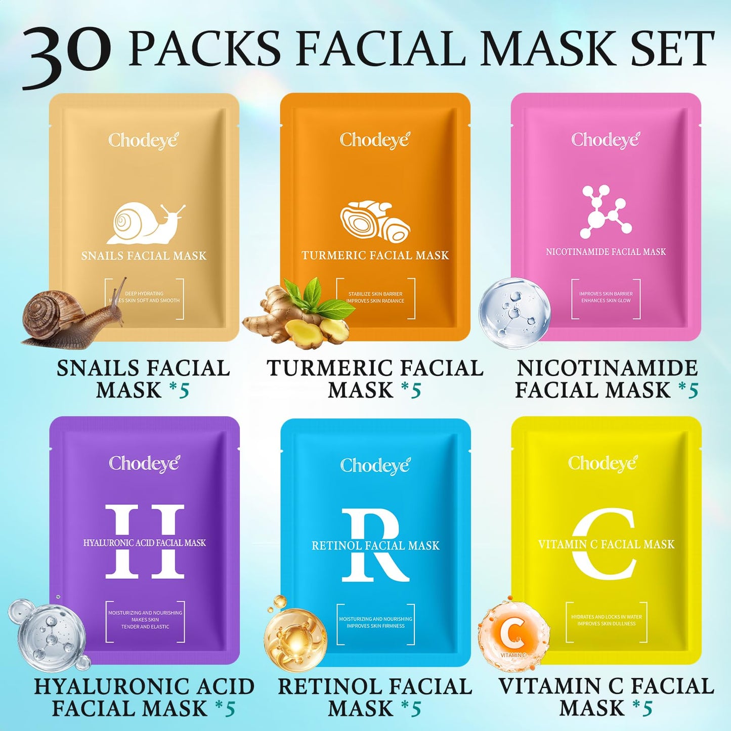 CHODEYE 30 Packs Sheet Facial Masks Set, 6 Styles Hydrating Face Masks Kit, Suitable for All Skin Type, Home Spa Facial Care, Perfect Birthday Valentine's Christmas Gift for Women & Men