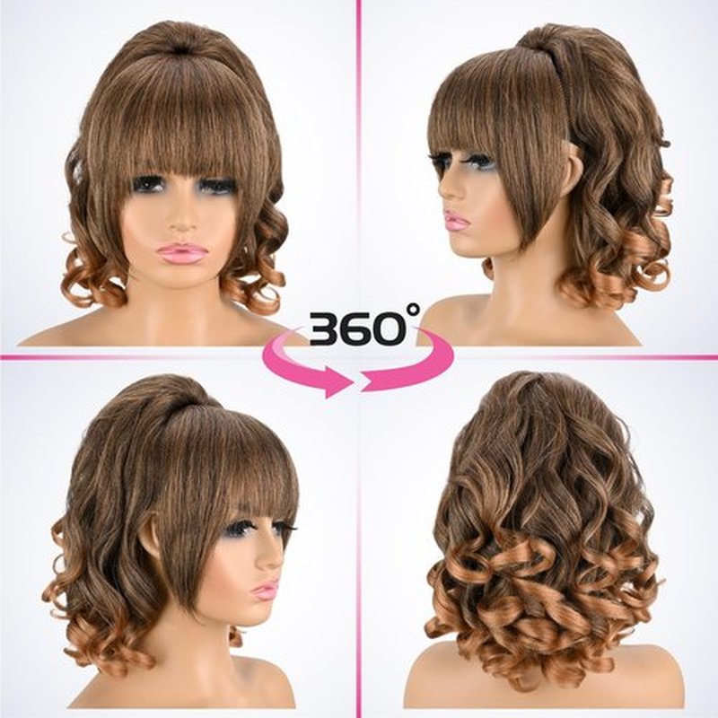 UAmy Hair Curly Ends Long Yaki Striaght Drawstring Ponytail with Bangs for Black Women Synthetic 18inch Loose Curly Ends Kinky Straight Drawstring Ponytail with Bangs For Daily Party Use(T1B/27)