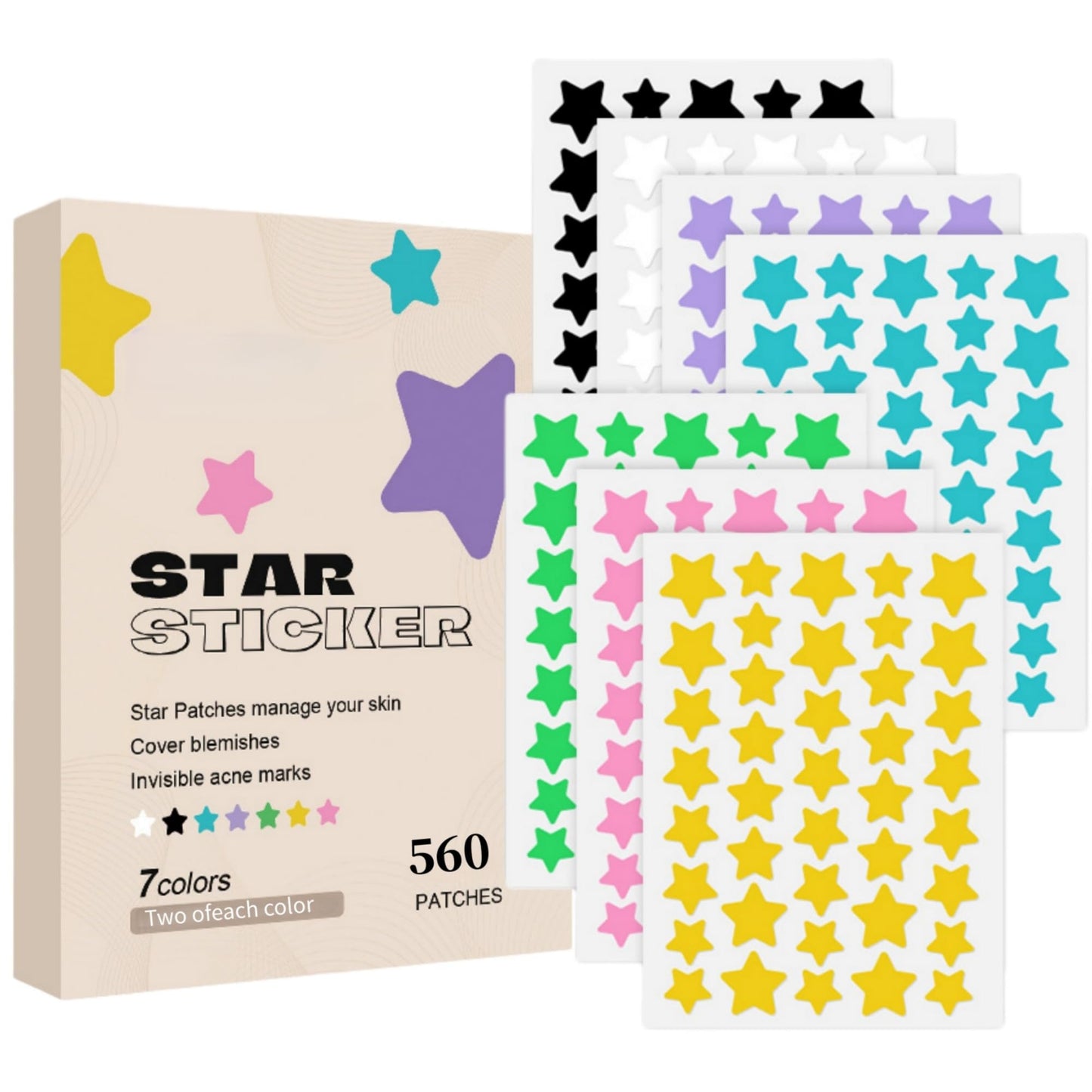 viviyoo 560 Pcs Star Pimple Patches for Face, 7 Colors Hydrocolloid Acne Patches, Cute Zit Patches for Blemishes & Zits, Vegan & Cruelty-Free Star Face Stickers for Girls & Teens (14 Sheets)