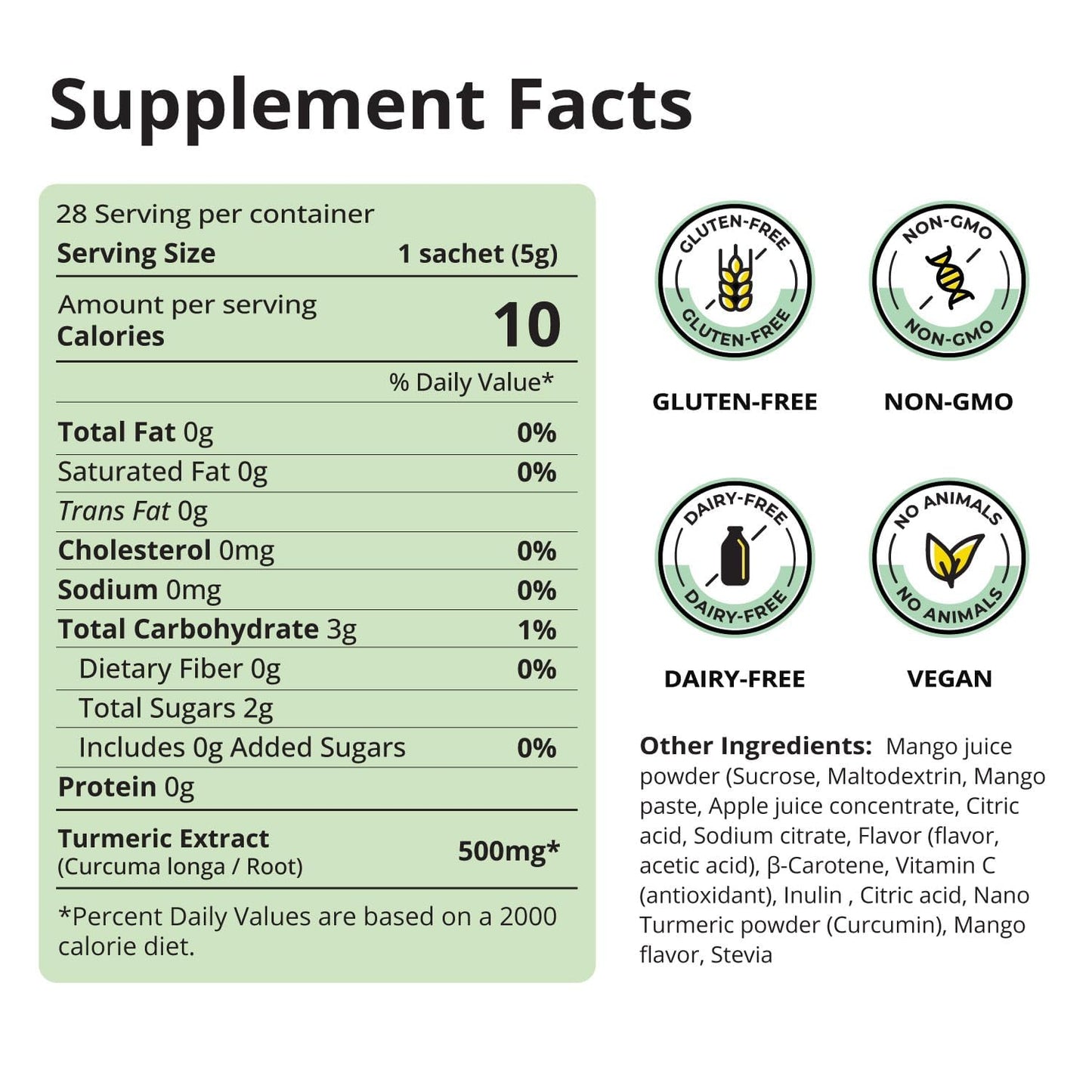 Nano Turmeric Curcumin Drink Powder, Mango Flavor, Daily Morning Wellness Drink, Gut Health, Immunity, No Added Sugar (28pack)