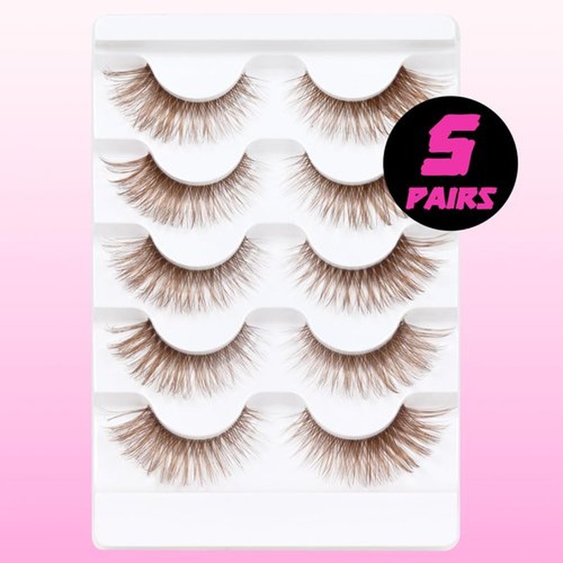 Veleasha Brown Lashes Cat Eye Lashes Wispy Faux Mink Lashes 100% Handmade Natural Look False Eyelashes with Clear Band Lightweight Fluffy False Eyelashes 5 Pairs Pack(Brown04)