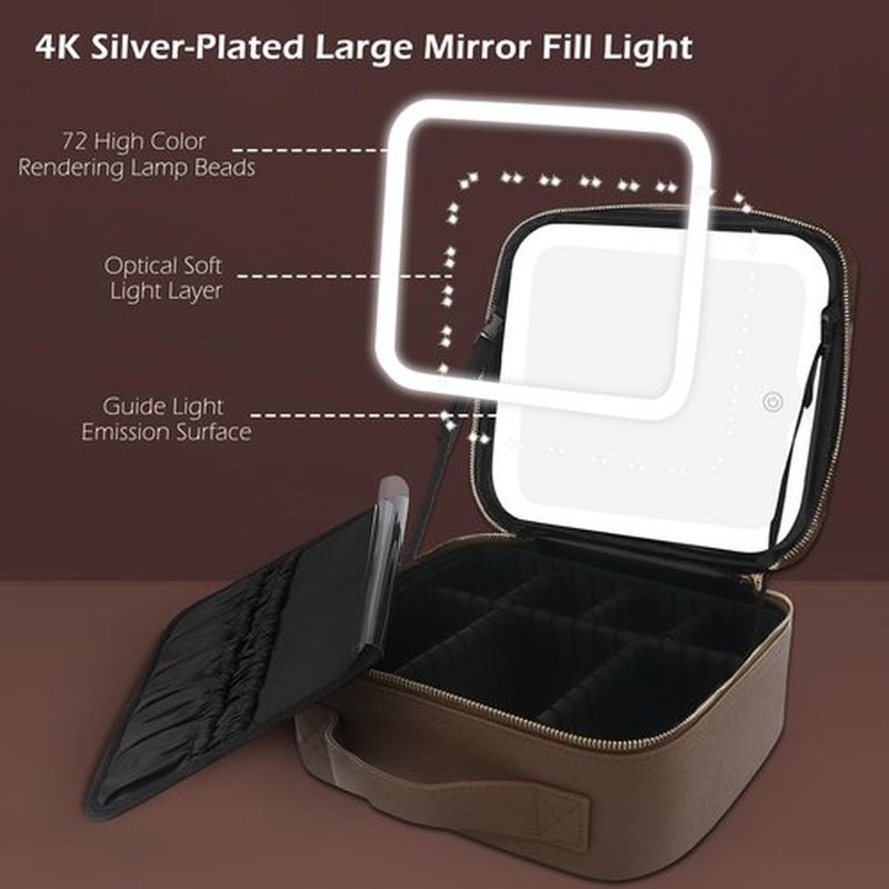 MOMIRA Makeup Bag with Mirror and Light Travel Makeup Train Case Cosmetic Bag Organizer Portable Artist Storage Bag with Adjustable Dividers Makeup Brushes Storage Organizer Brown