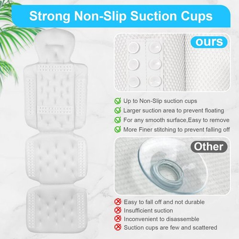 Full Body Bath Pillow for Bathtub, Bath Pillows for Tub with Powerful Non-Slip Suction Cups and Mesh Laundry Bag, Luxury Tub Pillow for Bath for Headrest Neck and Back Support White