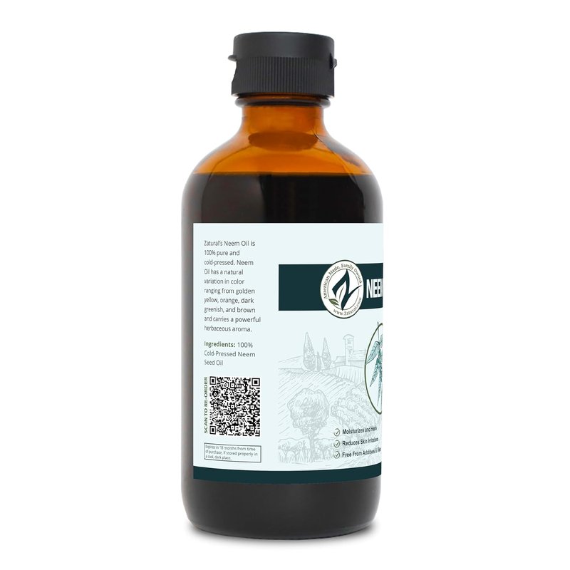 Zatural 100% Pure Neem Seed Oil - Cold Pressed Natural Oil for Skin & Hair | 8 Fl Oz Glass Bottle