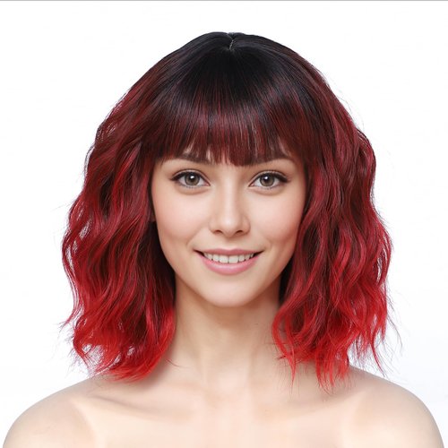 Rose bud Wavy Bob Wig with Bangs Natural Ombre Red Wig Synthetic Hair Shoulder Length Short Curly Wigs for Women