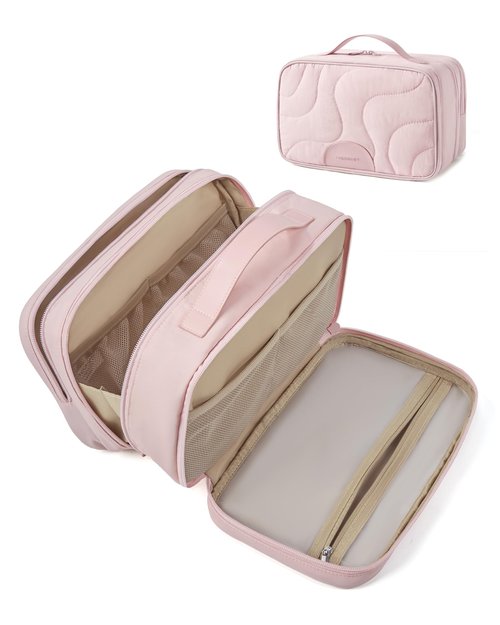 BAGSMART Travel Makeup Bag, Large Capacity Cosmetic Bags for Women, Toiletry Bag with Handle, Water-resistant Make Up Bag Travel Organizer for Accessories, Full-size Container, Toiletries, Pink