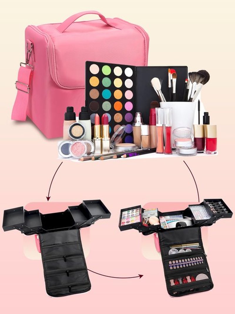 Makeup Travel Train Case, Large Pink Makeup Nail Polish Organizer Bag, 4 Tier Professional Makeup Bag Storage Box Cosmetic Train Case with Straps Pockets for Nail Tools Jewelry MakeUp Brushes