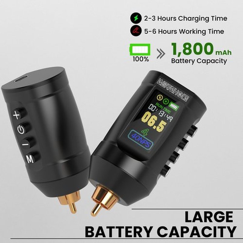 Wormhole Tattoo Battery Pack Wireless Tattoo Power Supply Rechargeable Cordless Tattoo Power Supply Portable RCA Lithium Battery Pack 1,800mAh Capacity with LED Digital Display for Tattoo Gun WB13-A
