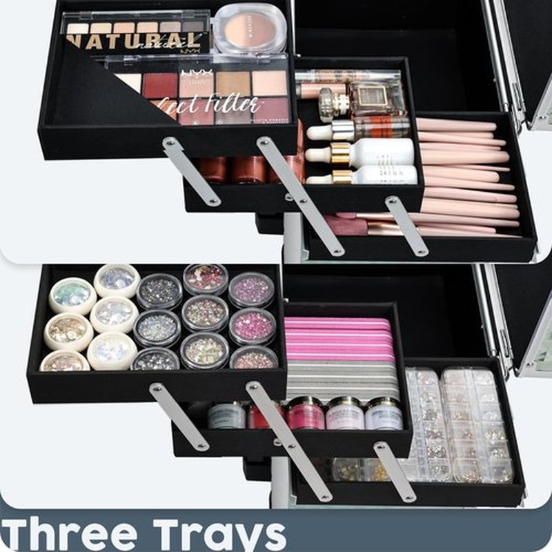 Hododou Rolling Makeup Case with Drawer Travel Trolley Cosmetology Case on Wheel Makeup Storage Salon Barber Case Traveling Cart Trunk for Cosmetologist Nail Tech Hairstylist - Blue
