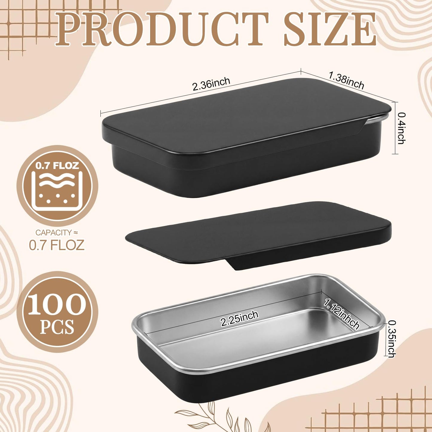 Norme 100 Pcs Black Slide Top Small Tin Containers Rectangular Cosmetics Metal Boxes Small Lip Balm Containers Tin Box Metal Tins with Lids for Lip Balm Jewelry Crafts Pills, 3.15 x 1.38 x 0.43"