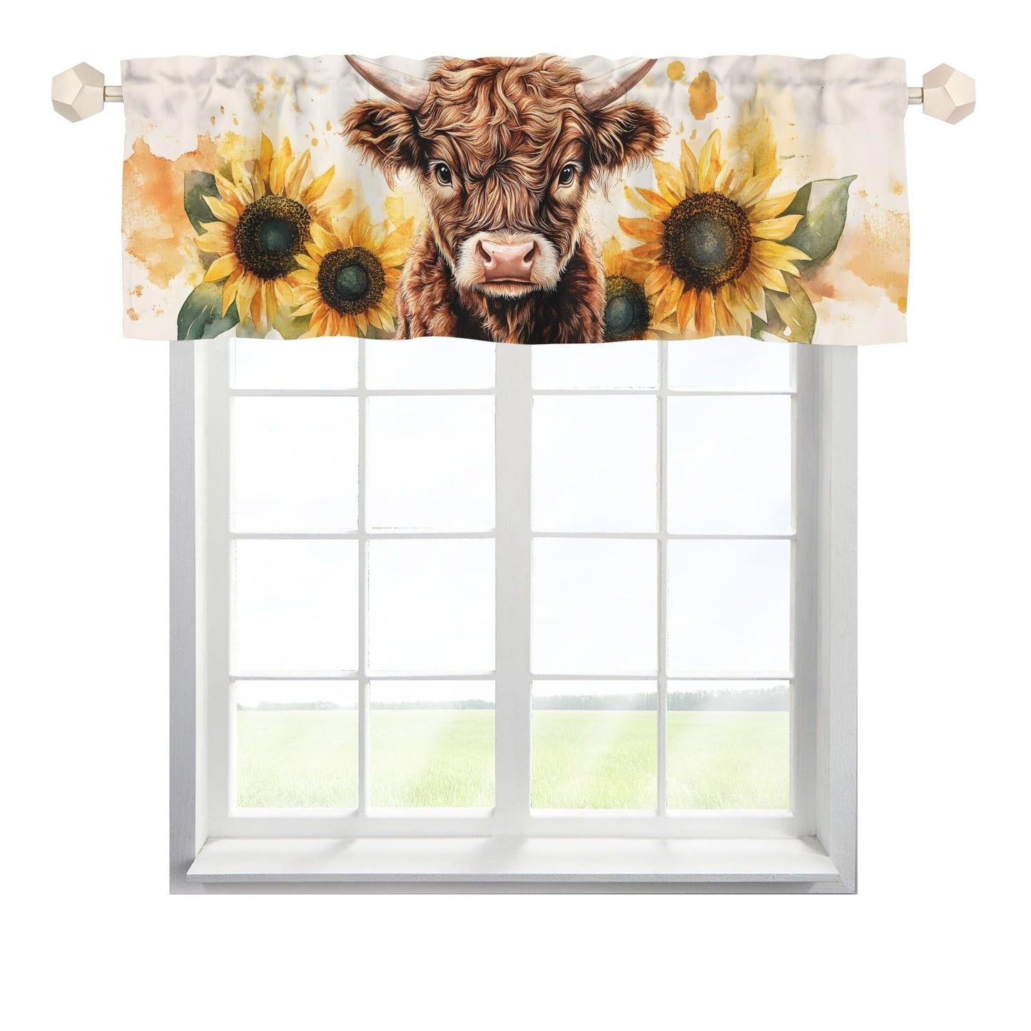 Pynnlts Watercolor Cow Sunflowers Curtains Highland Cow Window Valances Highland Yak Yellow Sunflower Kitchen Valances Farm Animal Rod Pocket Window Treatments for Living Room Bedroom 54x18 in 1 Pack