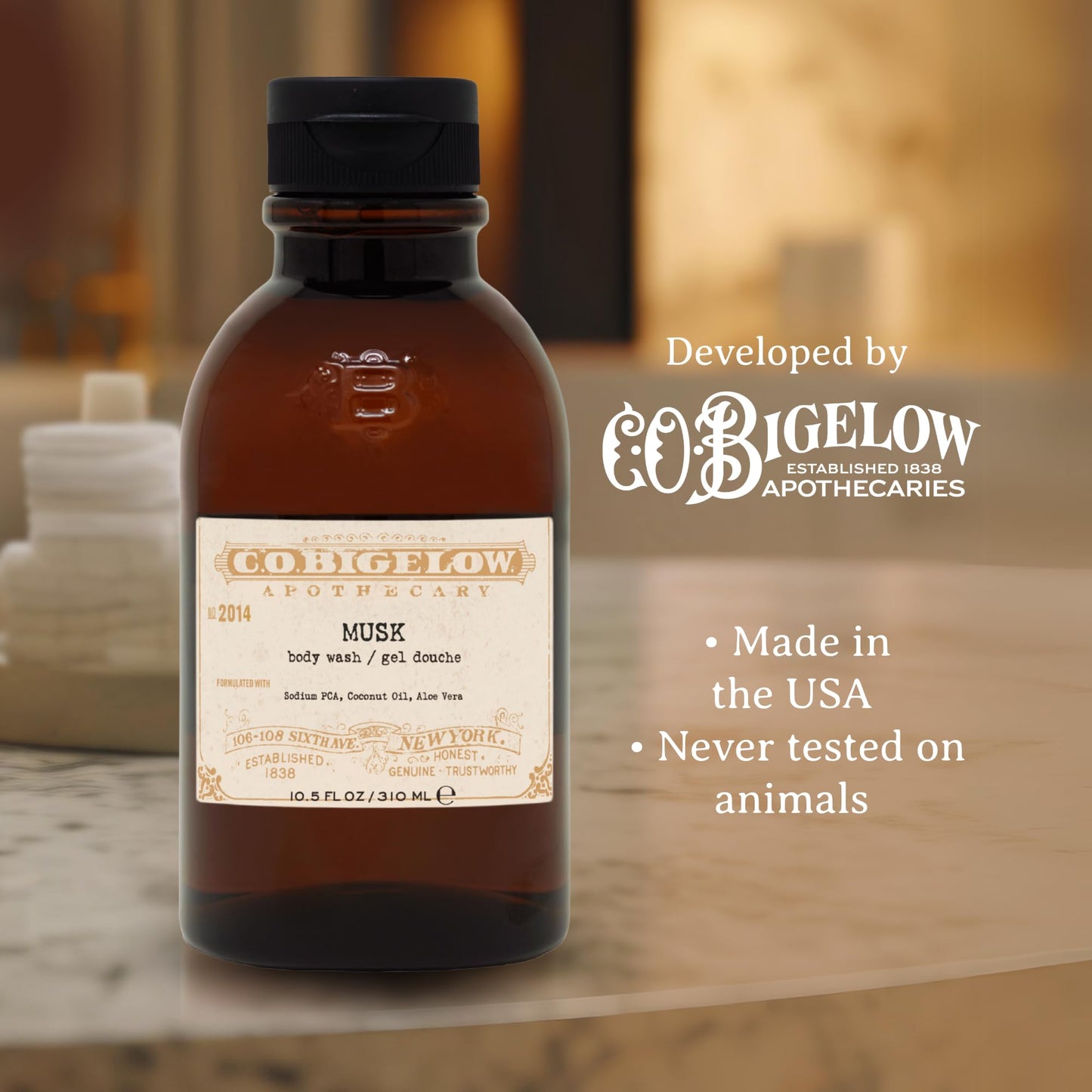 C.O. Bigelow Musk Body Wash, Iconic Collection Moisturizing Body Wash with Coconut Oil & Aloe Vera, 10.5 Fl Oz