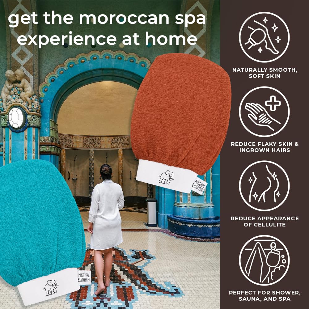Natural Elephant Exfoliating Hammam Glove | Authentic Moroccan Kessa Body Scrub Mitt for Spa-Quality Skin Renewal | Burnt Orange