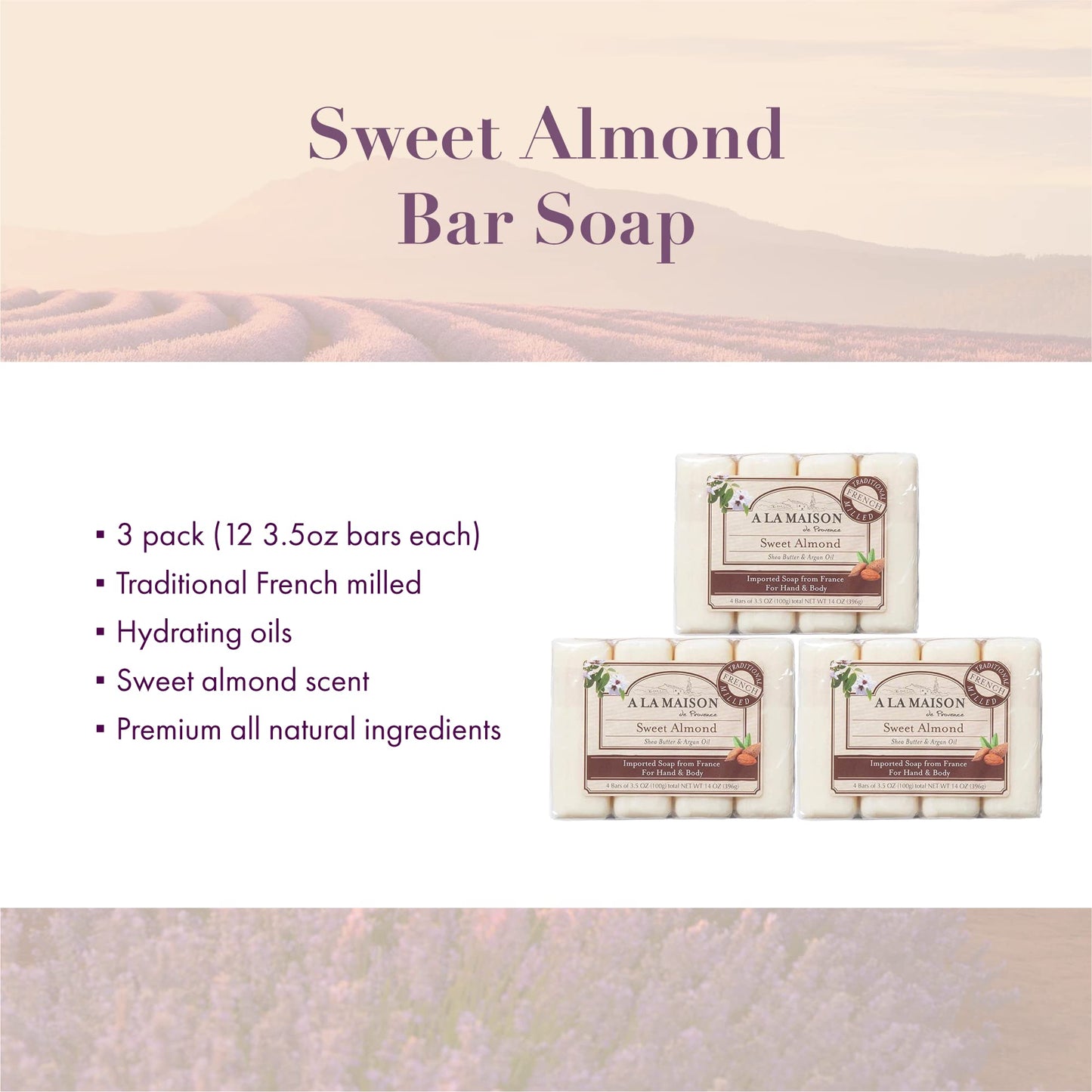 A LA MAISON Sweet Almond Bar Soap - Triple French Milled Natural Moisturizing Hand Soap Bar (12 Bars of Soap, 3.5 oz)