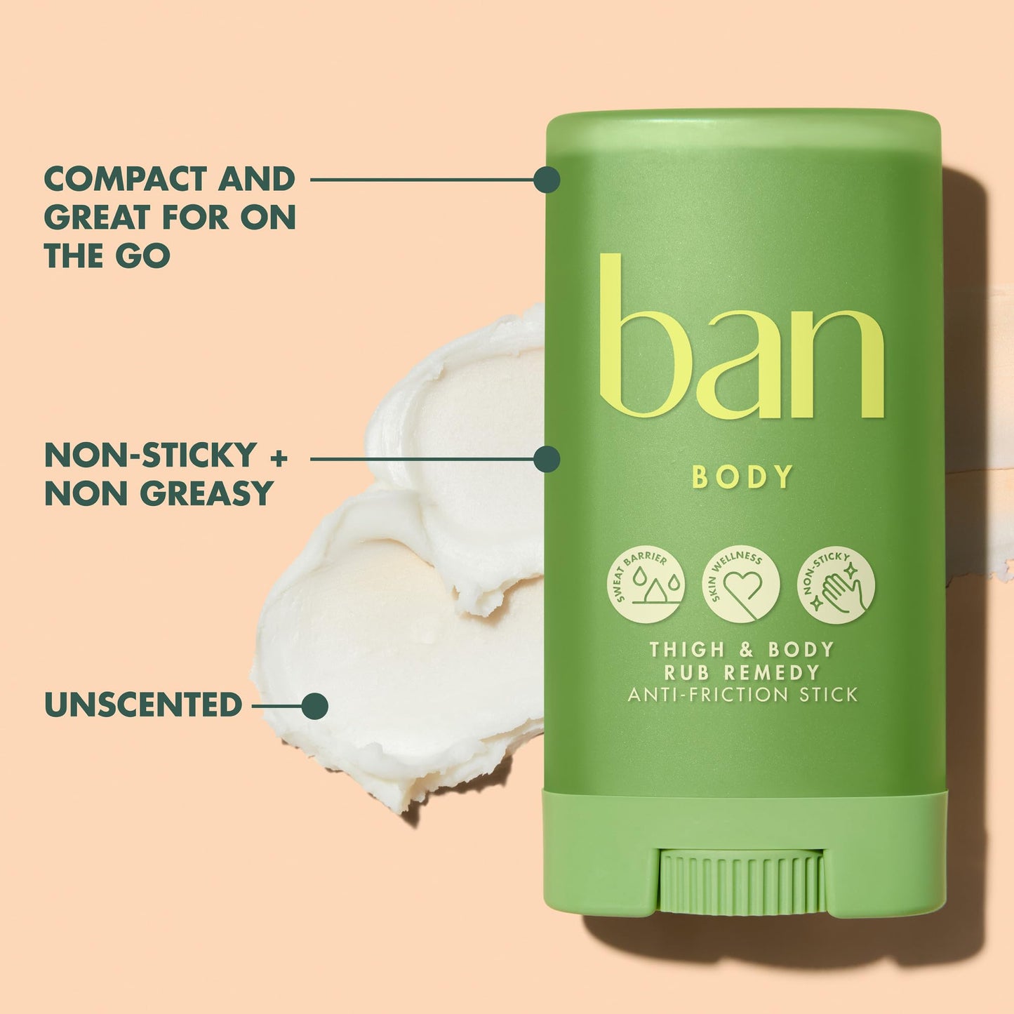 Ban Thigh & Body Anti-Friction Balm, Prevents Chafing & Skin Irritation, Anti Chafe Balm for Women & Men, Aluminum, Baking Soda & Talc Free, Unscented, 1.4 Oz