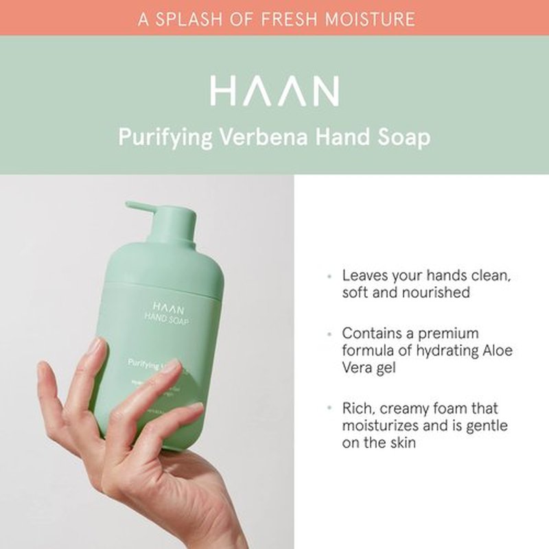 HAAN Foaming Hand Soap | Moisturizing Liquid Hand Soap for Dry Skin | Multi Purpose Hand Wash with Aloe Vera & Cocos Nucifera | Natural Bathroom Soap w/Pump Dispenser | Purifying Verbena Scent
