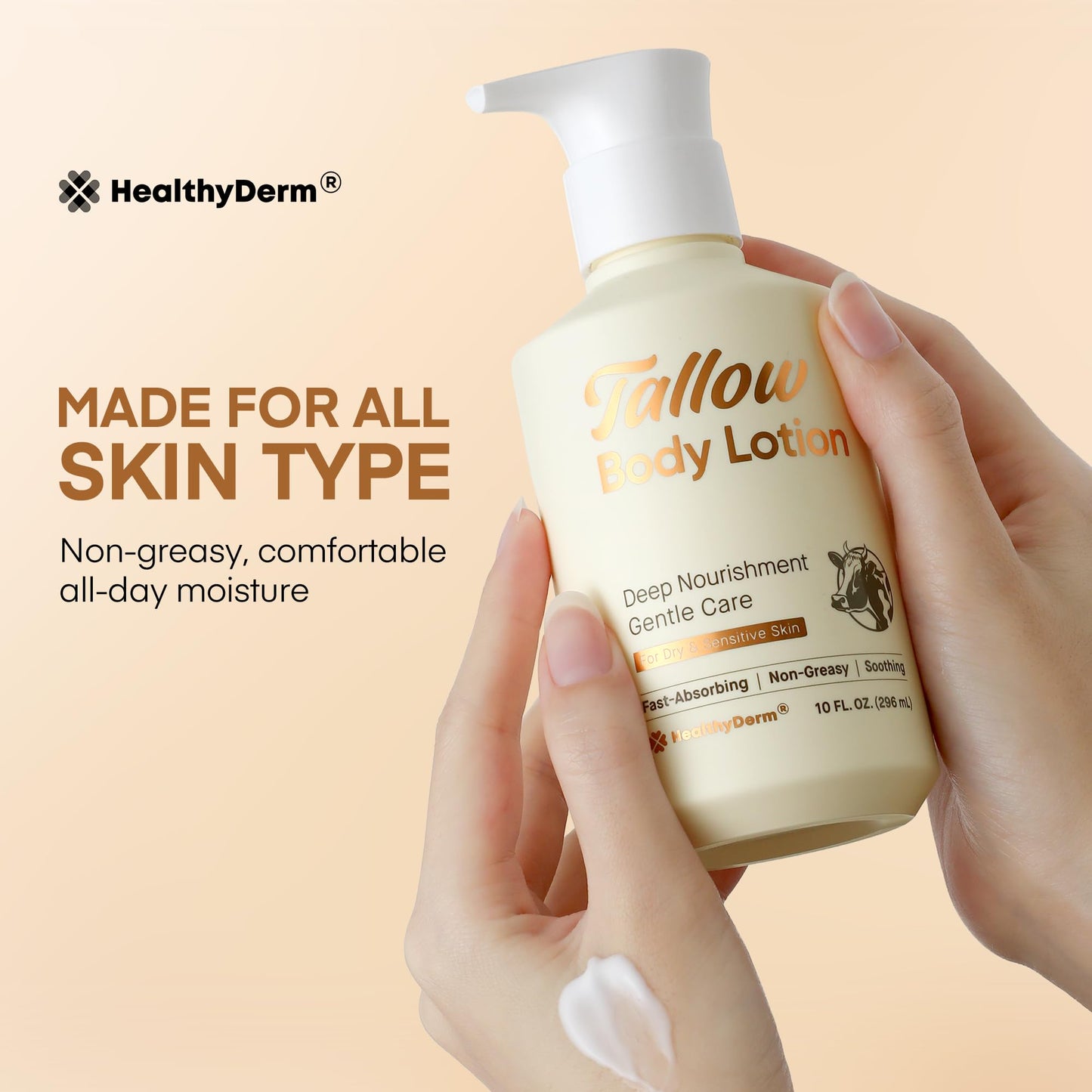 Beef Tallow Body Lotion for Skin: Grass-Fed Daily Moisturizing Cream for Dry, Mature & Crepey Skin, Fast-Absorbing, Non-Greasy, Fragrance-Free Moisturizer with Aloe & Shea Butter, 10 fl oz