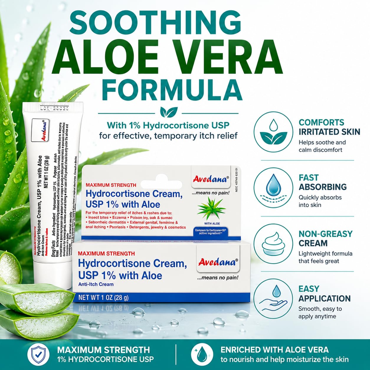 Avedana Hydrocortisone Cream 1% USP Maximum Strength Anti-Itch Cream with Aloe Vera, Fast Relief for Eczema, Dermatitis, Poison Ivy, Poison Oak, Rashes & Bug Bites, 1 Oz