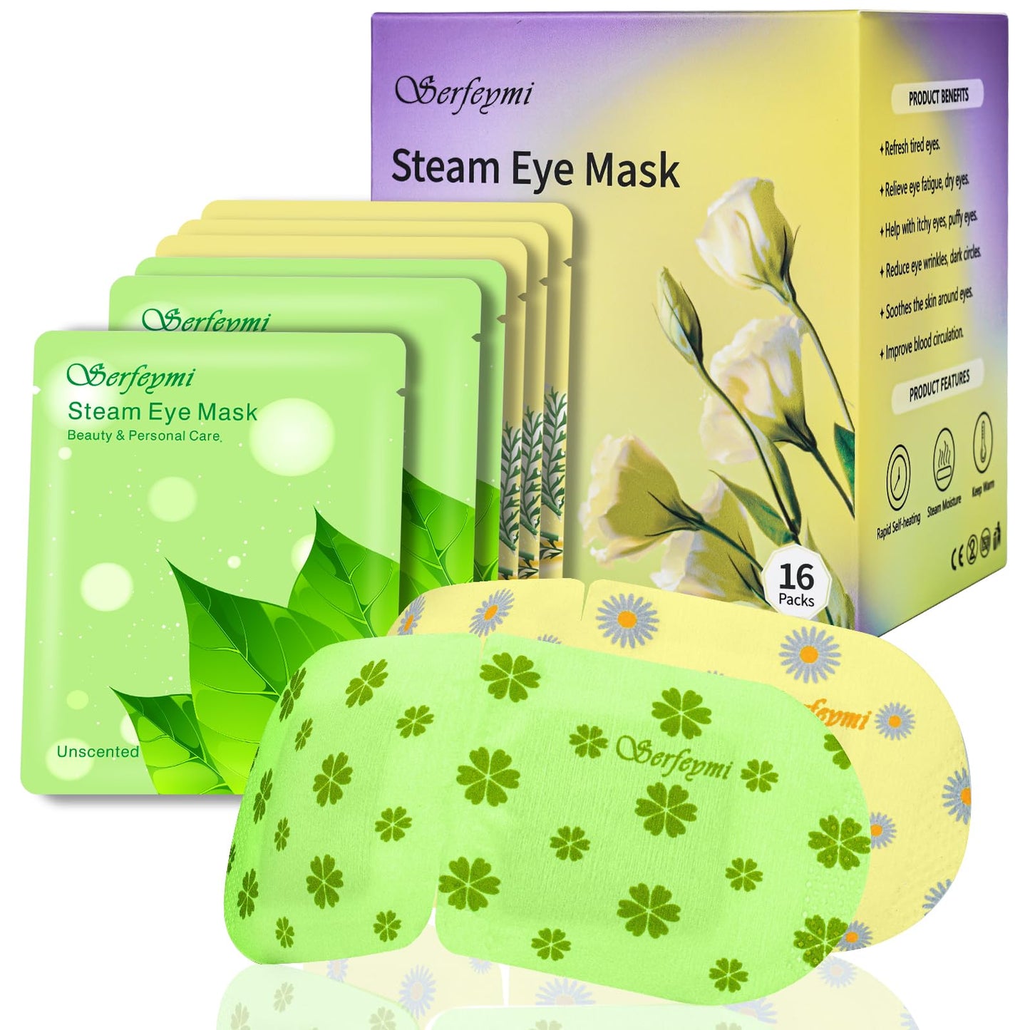 Serfeymi 16 Packs Steam Eye Masks for Sleep, Self Heating Warm Eye Mask, Hot Compress Eye Mask Skincare Disposable Eye SPA Heated Eye Mask for Eye Care -Unscented(8PCS)+ Chamomile(8PCS)