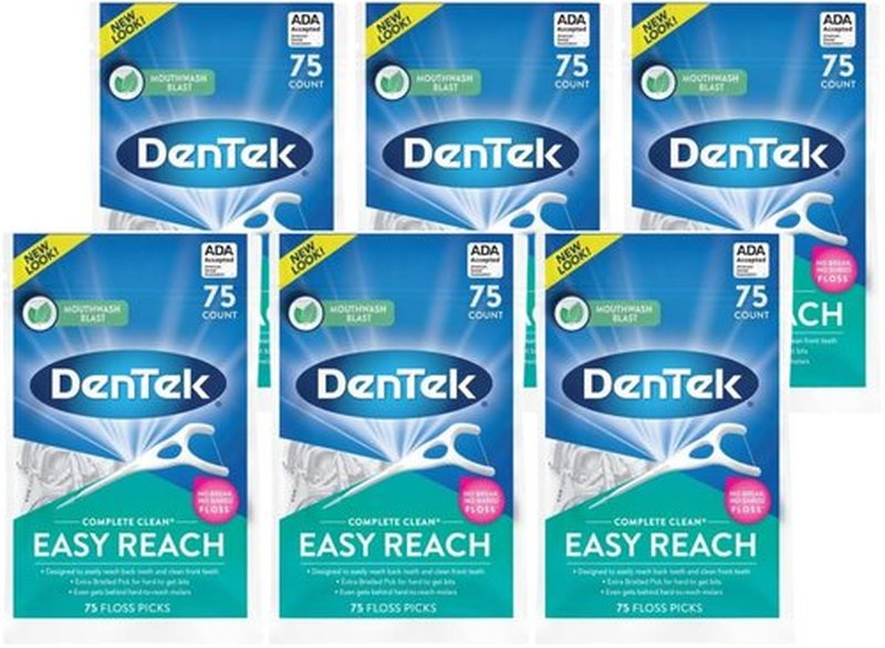 DenTek Complete Clean Easy Reach Floss Picks, Advanced Fluoride Coating, Mouthwash Blast Flavor, 75 ct. (Pack of 6)