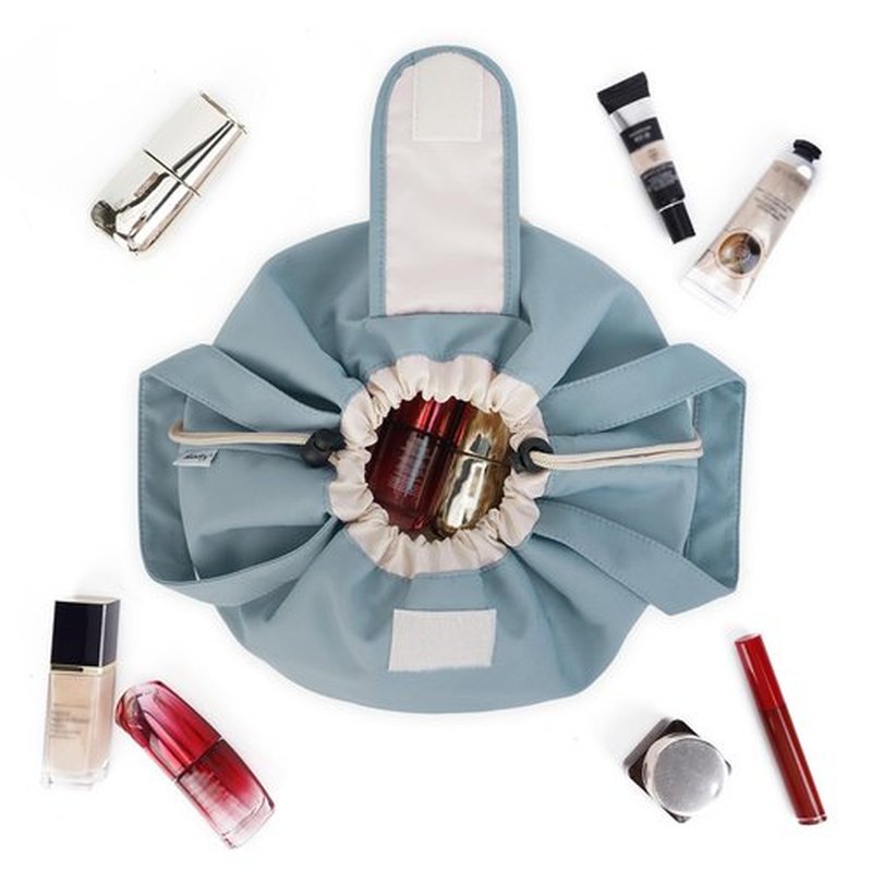 Barrel Drawstring Makeup Bag Large Cosmetic Bag Make up Bags Toiletry Organizer for Women (Greyish Blue) (Patent)
