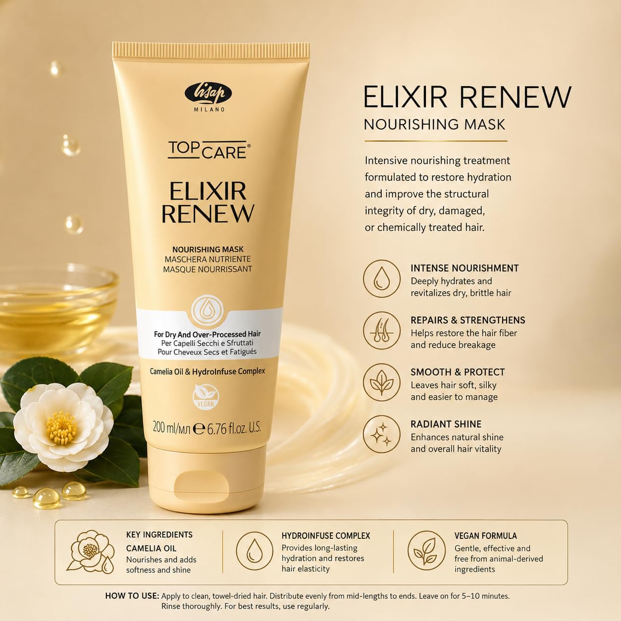 Lisap Elixir Renew Nourishing Hair Mask for Dry Damaged Hair with Camellia Oil | Deep Conditioning Hair Treatment & Hydrating Repair Mask for Soft, Shiny Hair, 6.76 fl oz