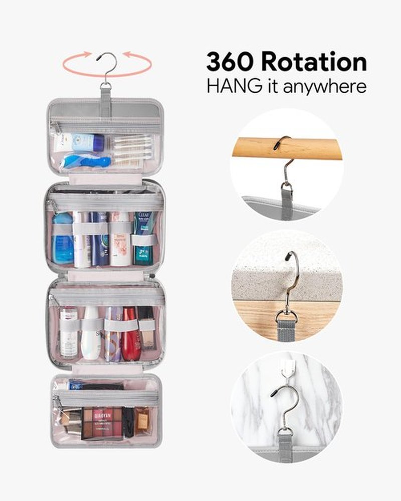 OlarHike Travel Toiletry Hanging Bag Waterproof, Makeup bag, Toiletries, Jewelry, Travel Essentials 3 in 1 Packing Organizers, Cosmetic Travel-Sized Container, Medium for Women Light Grey