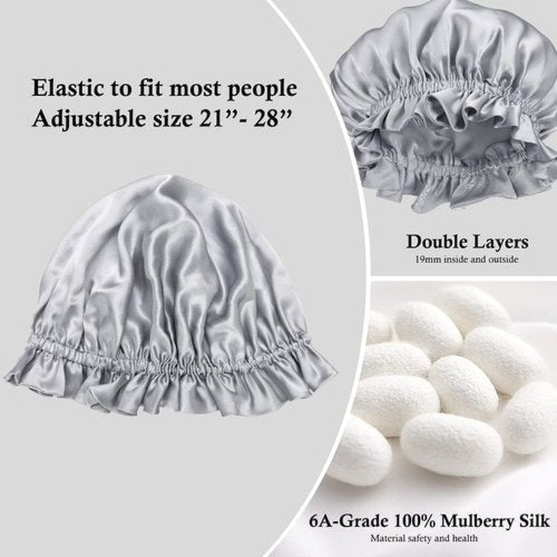 Silk Bonnet for Hair Care, Natural Silk Cap for Sleeping and Shower, Double-Lined, 6A-grade Mulberry Silk Turban Light Grey
