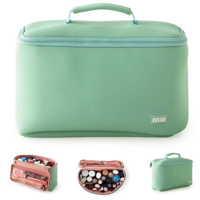 KUSSHI Neoprene Train Case Makeup Bag - Washable Makeup Travel Bag & Vanity Case for Stress Free Travel (Large, Sage/Coral Rose)