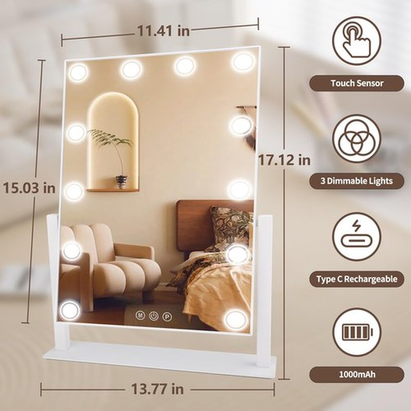 SLIMOON Lighted Makeup Mirror, 17"x 14" Hollywood Vanity Mirror with 12 LED Bulbs, 3 Color Lights, and Detachable 10X Magnification Mirror, 1000mAh Rechargeable, Touch Control, 360°Rotation (White)