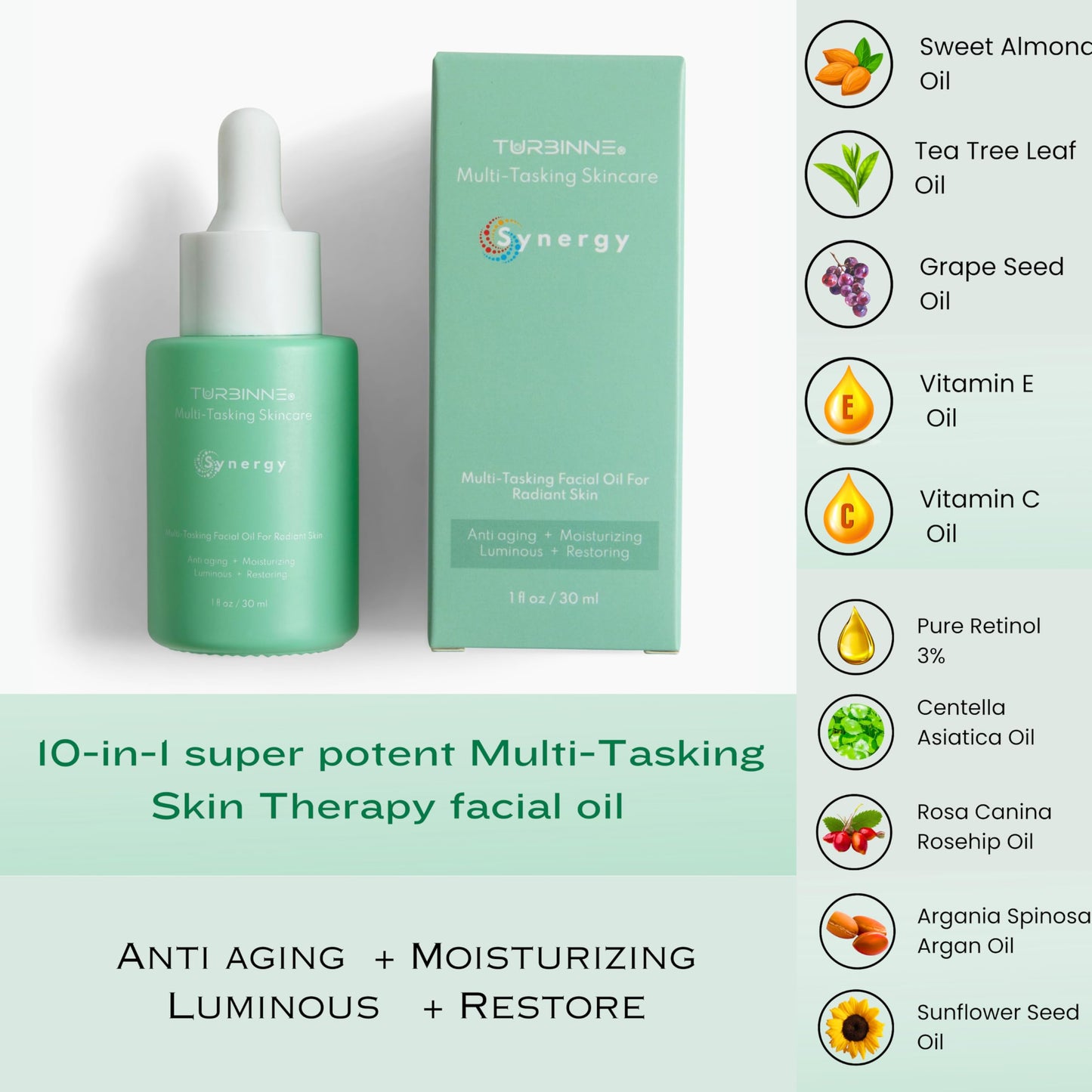 Turbinne 10 Facial Oil Blend – Anti-Aging Face Oil with 3% Retinol & 30% Vitamin C, Hydrate, Wrinkle Reduction, Fades Dark Spots, Fast-Absorbing & Non-Greasy (1 Count)