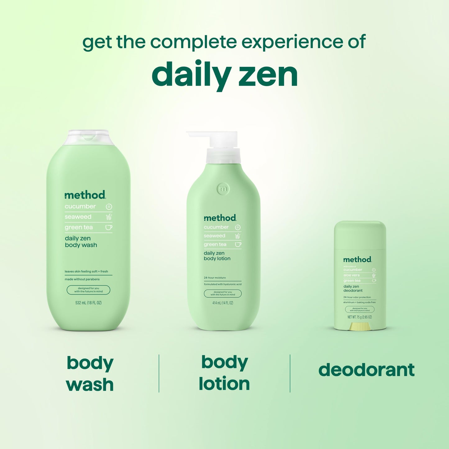 method Body Wash, Daily Zen - Leaves Skin Feeling Soft & Moisturized, Made Without Parabens, Notes of Cucumber, Seaweed & Green Tea, 18 fl oz