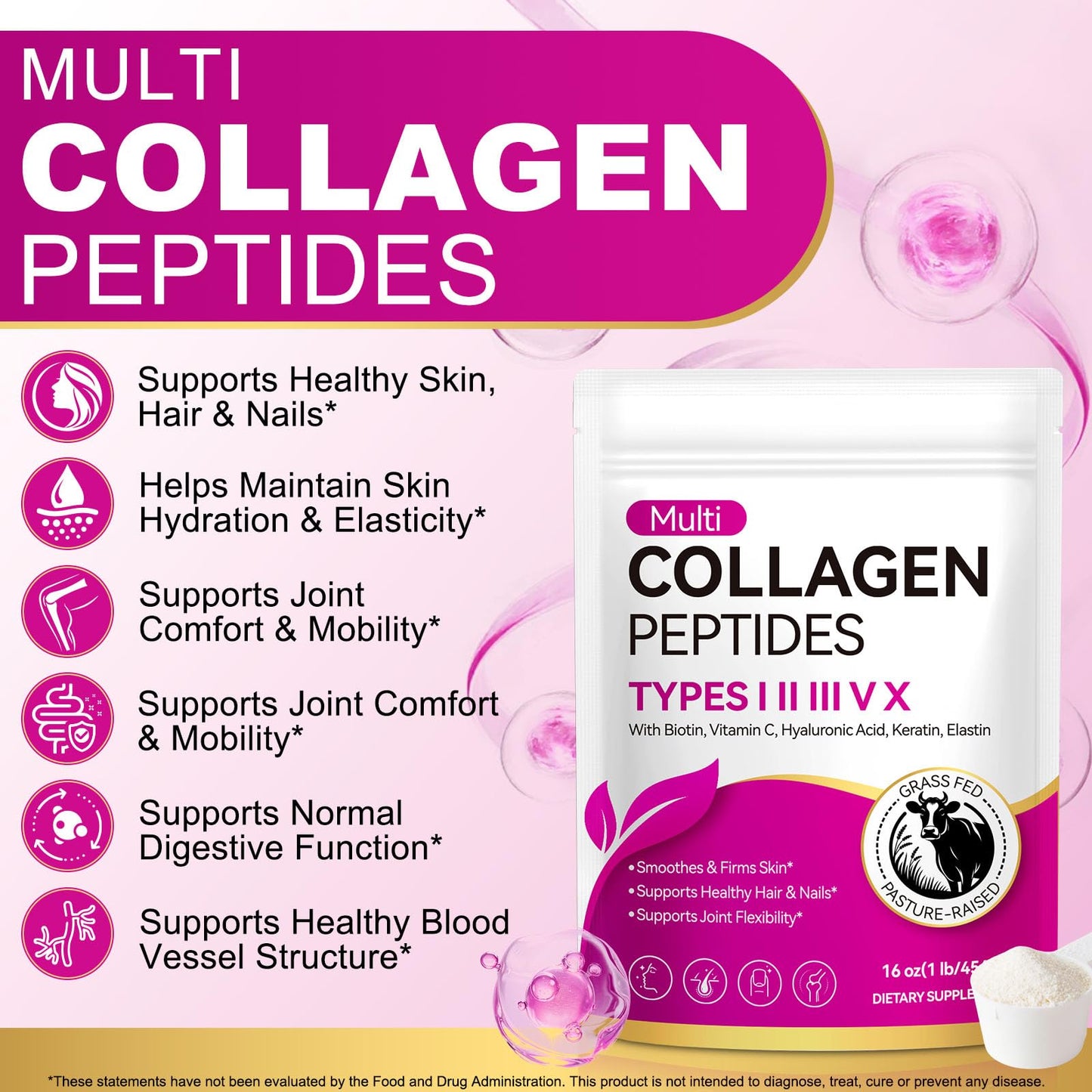 AEBEFBAW Multi Collagen Peptides Powder | Types I, II, III, V, X | 16 Oz (41 Servings) Hydrolyzed Collagen Peptides | Supports Healthy Skin, Joints, Hair, and Nails | Unflavored & Dissolves Easily