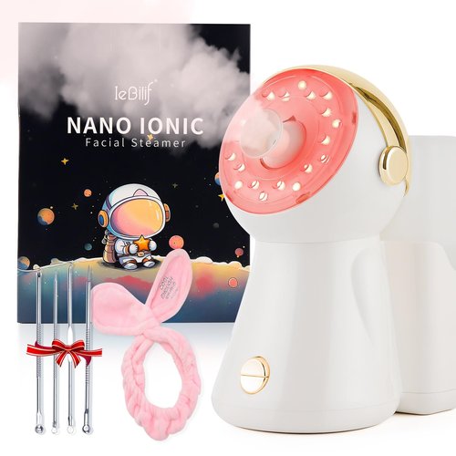 Facial Steamer,with 7 Colors Led Light,Face Steamer for Facial Deep Cleaning,Warm Mist Nano Ionic Steamer for face,Steam Humidifier,Facial Steamers Home Facial spa, Gift for Women（Gold with Light）