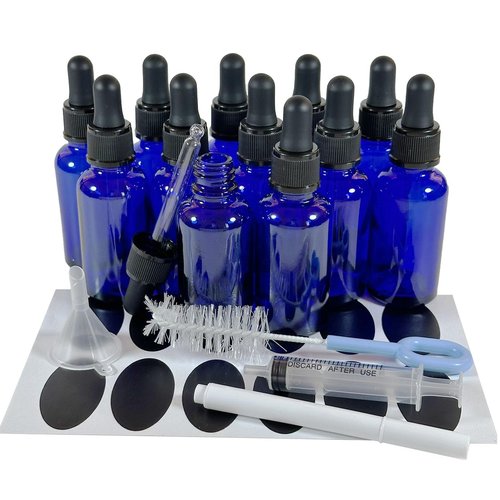 PIPIBA 12Pack 1oz (30ml) Round Drip Tip Glass Eye Droppers. Essential Oil Glass Bottle. For Lab Bottles (Blue)