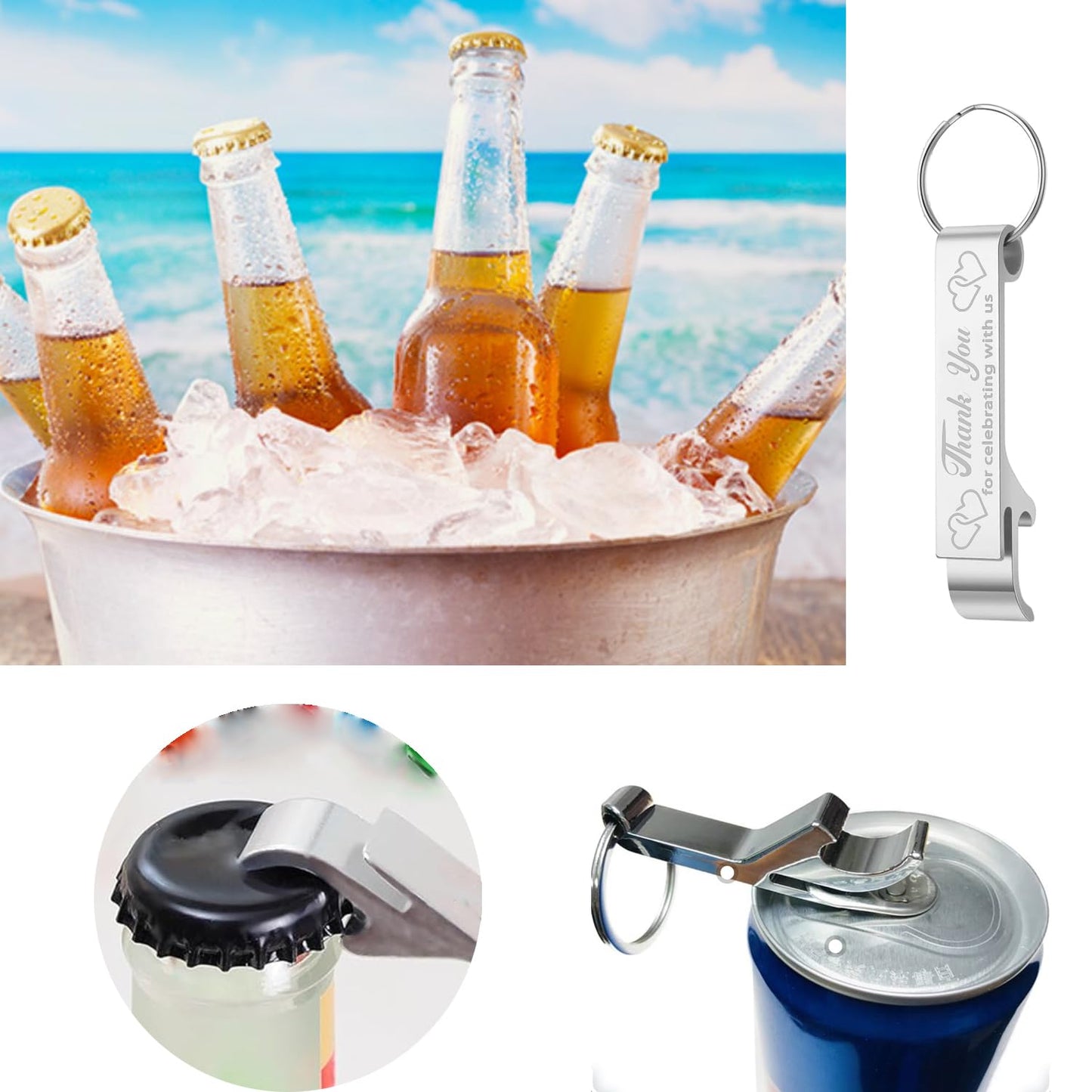 50 Sets Wedding Favors Beer Opener Keychain Thank You Cards Organza Bags and Jute Twine for Birthday Wedding Party Father Day Gifts (50)