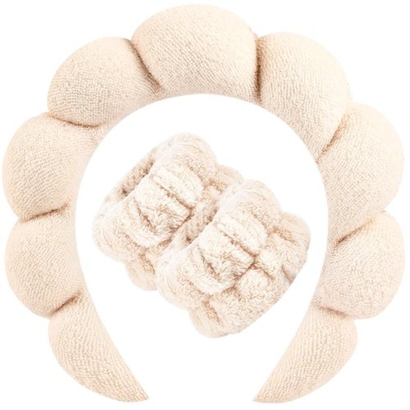 Zkptops Spa Headband for Women Sponge Makeup Skincare Headband Washing Face Wristband Set Terry Cloth Bubble Soft Get Ready Hairband Puffy Padded Headwear Non Slip Thick Hair Accessory (Apricot)